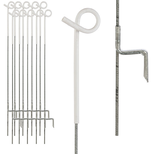 Pig tail post - 10 pack, galvanised spring steel 6mm diameter shaft with galvanised presesd form steel foot. 935mm overall height, 750mm out of ground height.