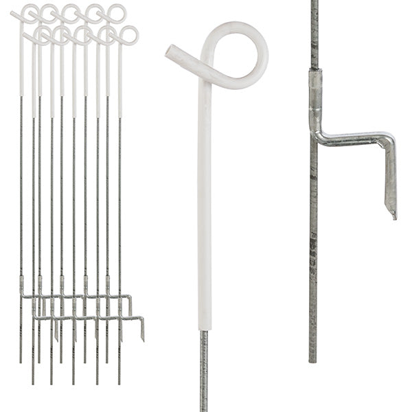 Pig tail post - 10 pack, galvanised spring steel 6mm diameter shaft with galvanised presesd form steel foot. 935mm overall height, 750mm out of ground height.