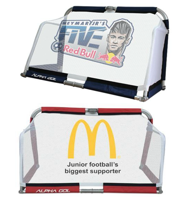 Two Alpha Aluminium Folding Football Goals with branding on a white background