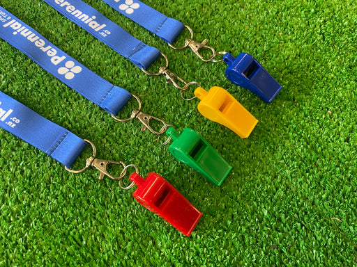 Plastic sports whistle, red, green, yellow, blue, with Perennial lanyard