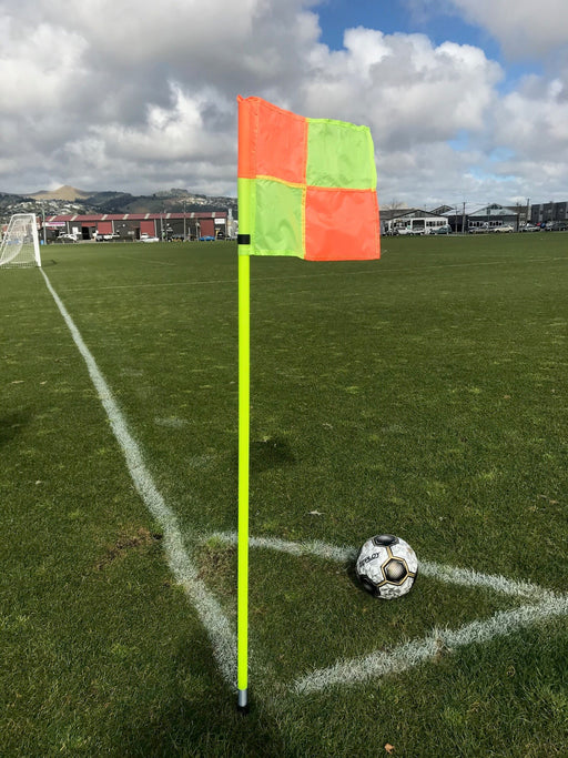 Corner Flag with spiked base, yellow orange check flag